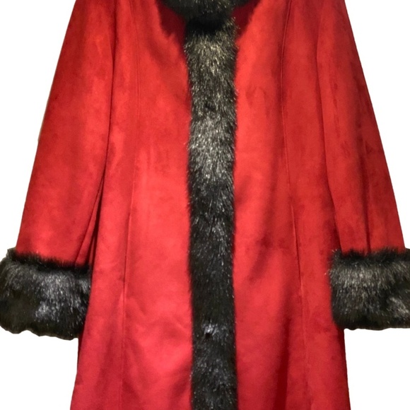 Vintage Y2K NOVELTI Red Faux Suede Faux Fur Trim Longline Penny Lane Coat L - Picture 3 of 12